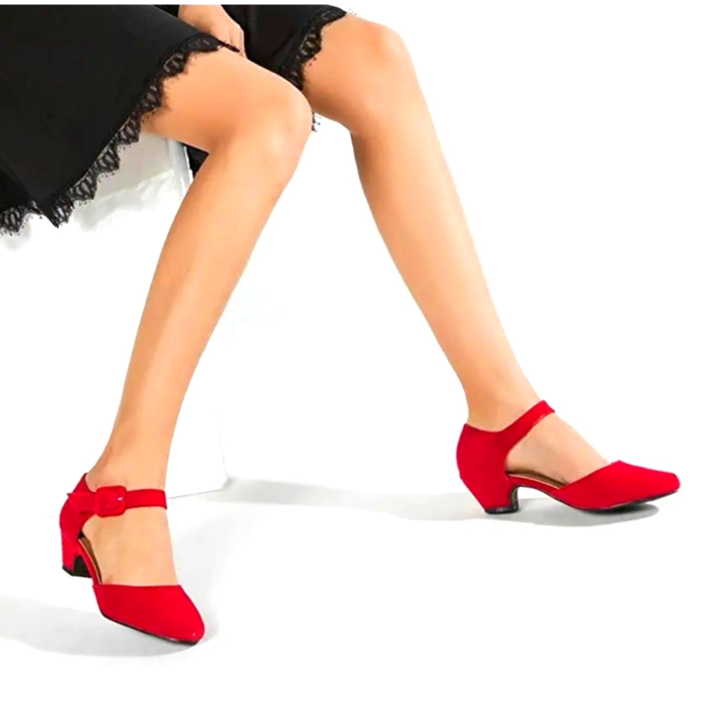 Women's Low Block Heel Red Buckle Strap